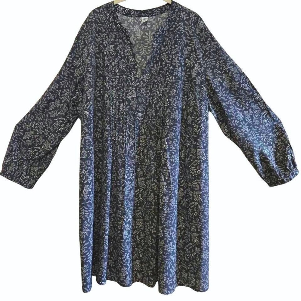 Old Navy Womens XXL Boho‎ Navy Blue White Floral Pintuck Swing Dress Long Sleeve